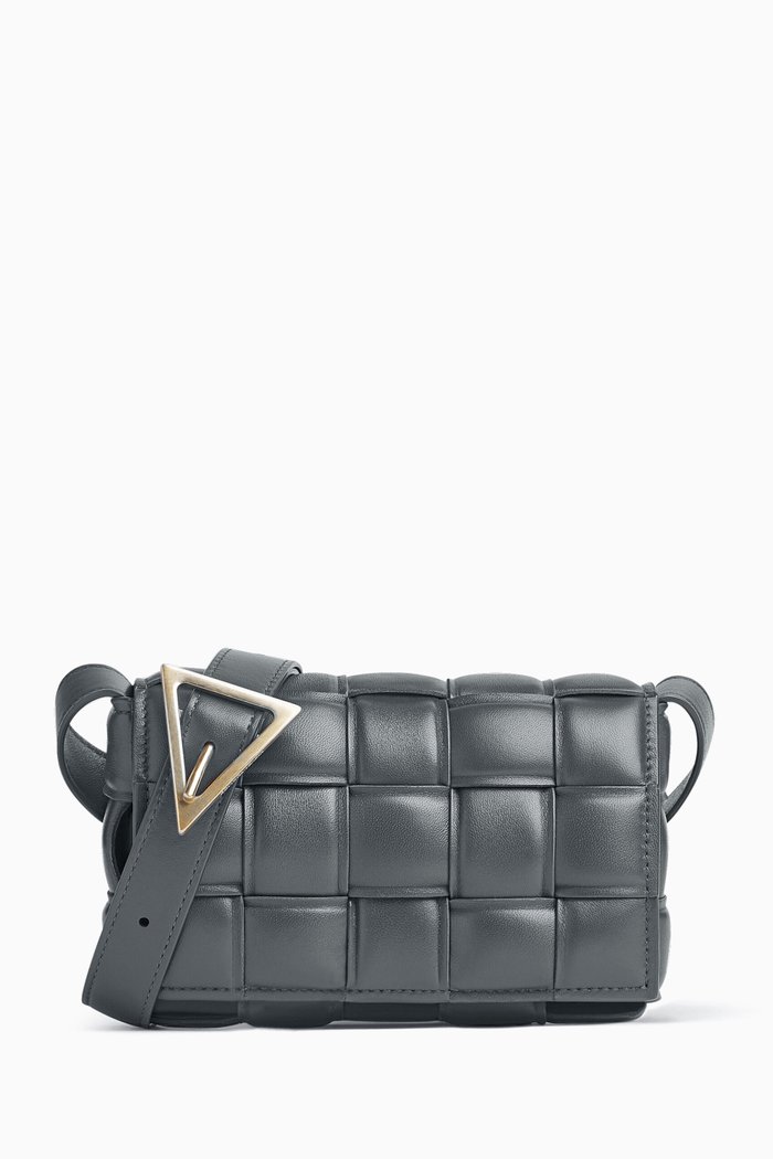

Small Padded Cassette Bag in Intreccio Leather, Grey