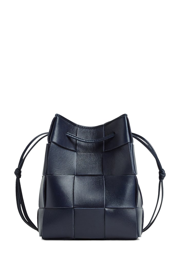

Small Cross-Body Bucket Bag in Intreccio Leather, Blue