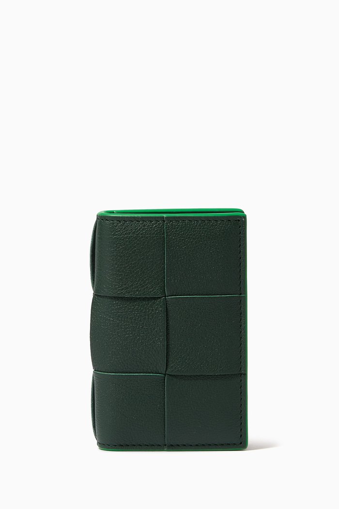 

Flap Card Case in Intreccio Grained Leather, Green