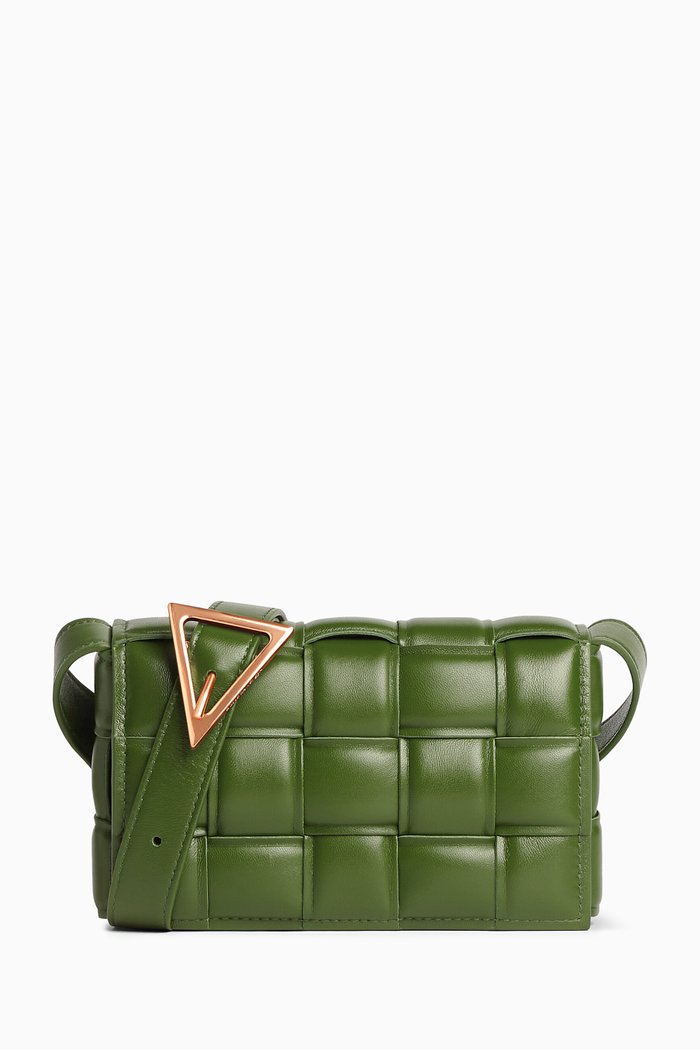 

Small Padded Cassette Bag in Intreccio Leather, Green