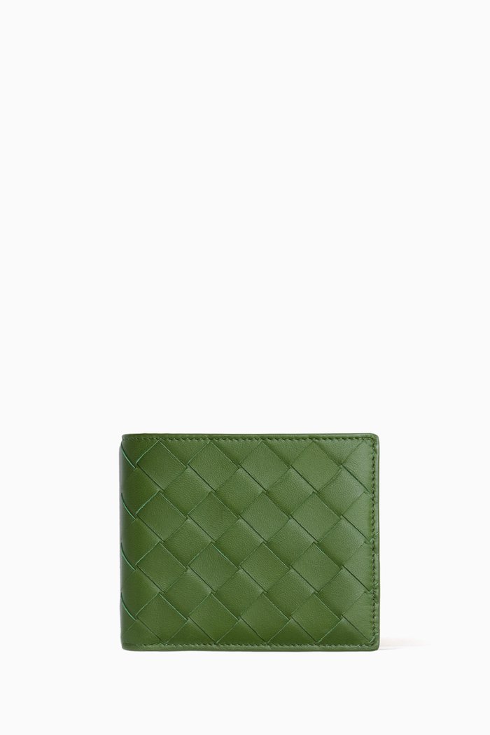 

Bi-fold Wallet in Intrecciato Leather, Green