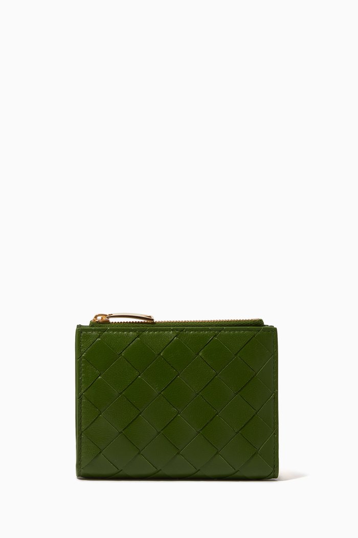

Bi-fold Zipper Wallet in Intrecciato Leather, Green