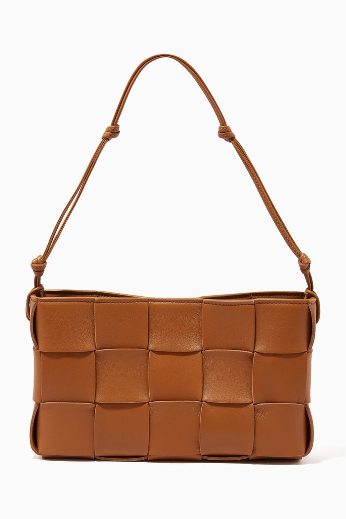 Cassette Pouch on Strap in Intreccio Leather, Brown