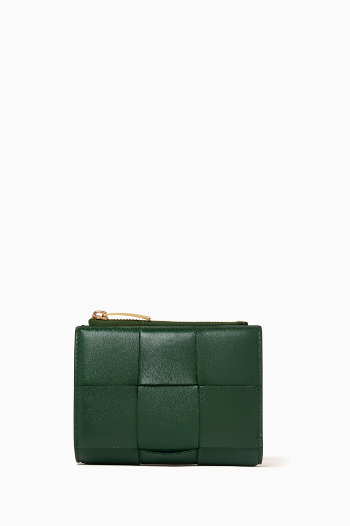 

Small Bi-Fold Zip Wallet in Intreccio Leather, Green