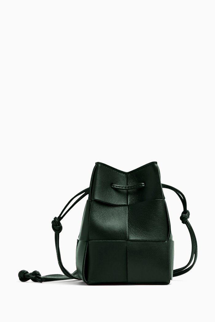 

Mini Cassette Bucket Bag in Intrecciato Leather, Green