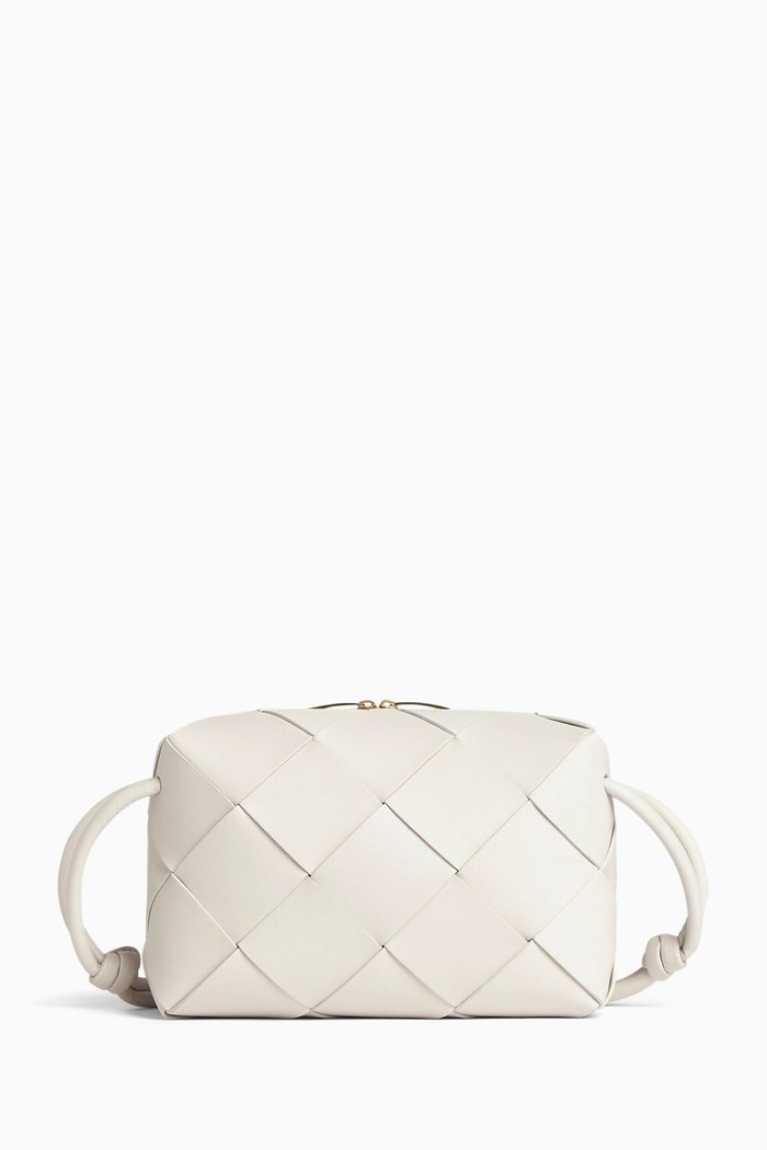 

Small Camera Zip Shoulder Bag in Intrecciato Leather, White