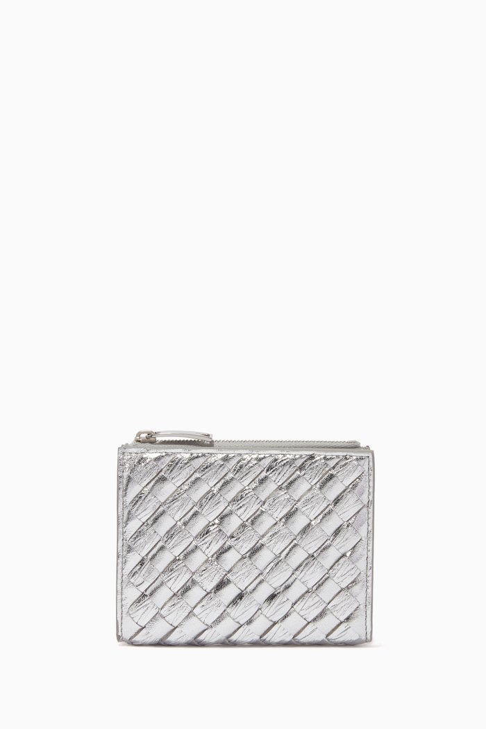 

Bi-fold Zipper Wallet in Intrecciato Metallic Nappa, Silver