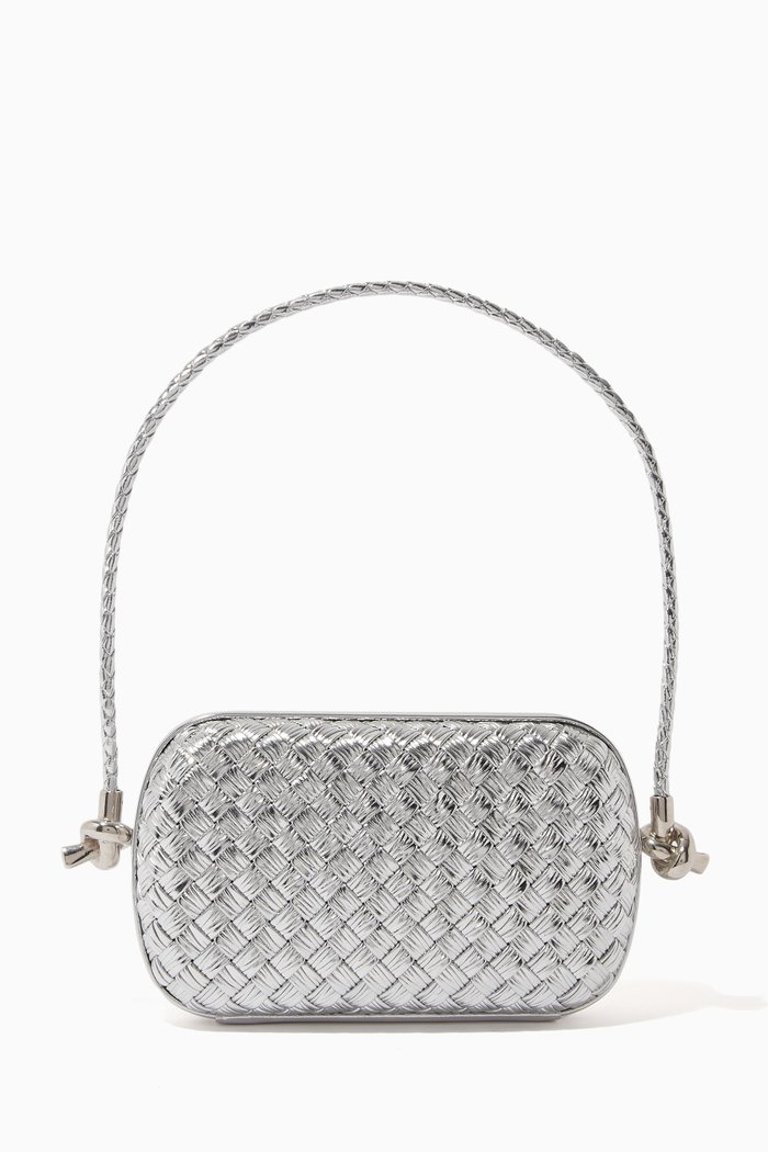 

Knot Minaudiere Clutch on Strap in Intrecciato Laminated Leather, Silver