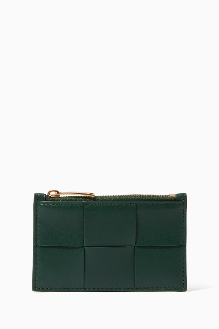 

Zipped Card Case in Intreccio Leather, Green