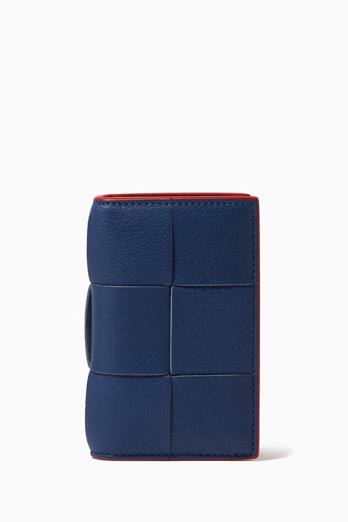 

Flap Card Case in Intreccio Grained Leather, Blue