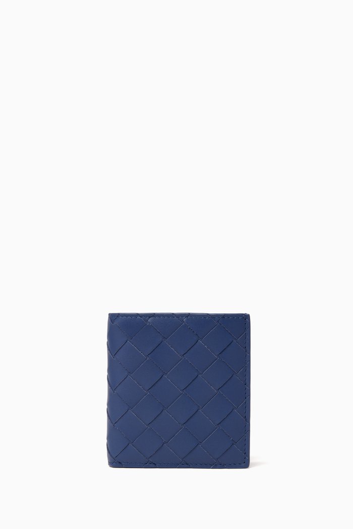 Bi-fold Wallet in Intrecciato Leather, Blue