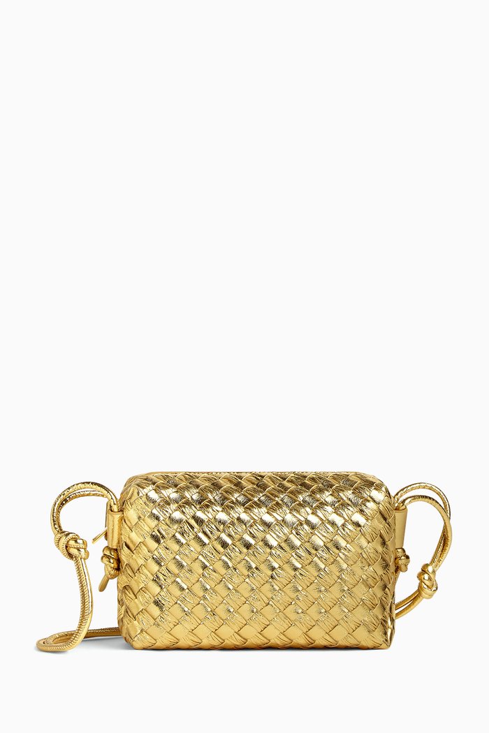 

Mini Loop Camera Crossbody Bag in Intrecciato Laminated Leather, Gold
