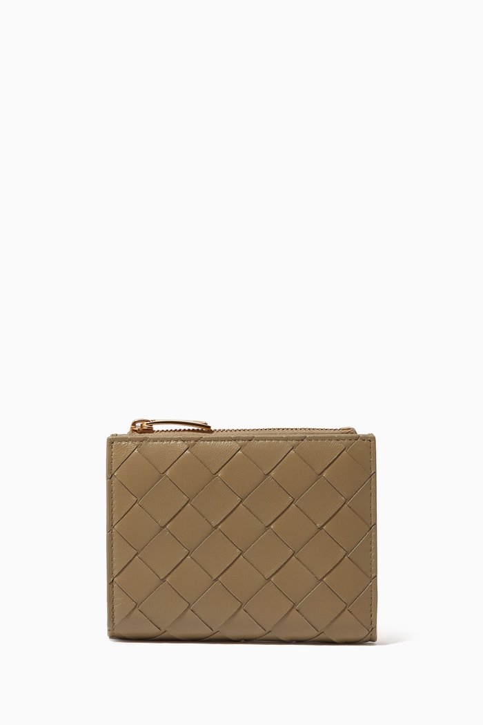 

Bi-fold Zipper Wallet in Intrecciato Leather, Brown