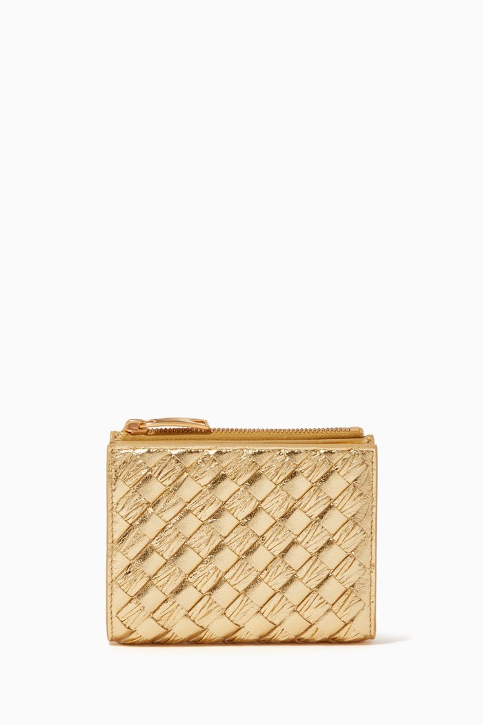 

Bi-fold Zipper Wallet in Intrecciato Metallic Nappa, Gold