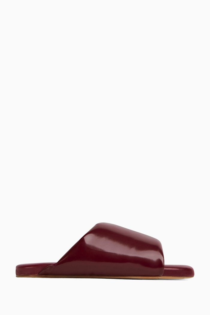 

Resort Puffy Open-toe Slides in Latex, Burgundy