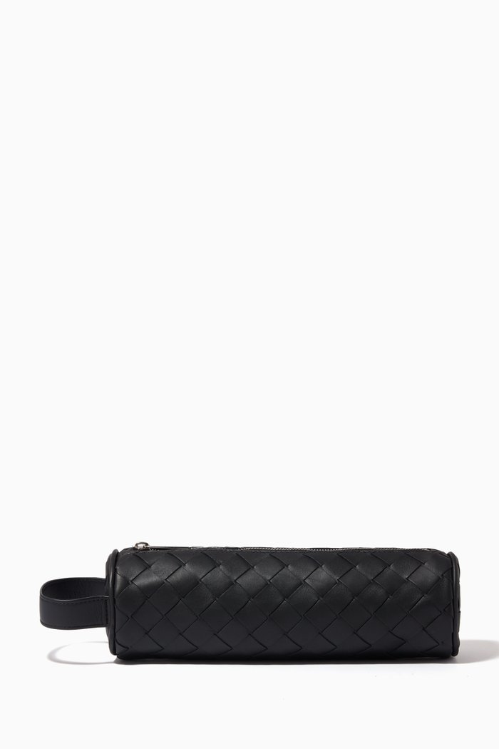 Pencil Case in Intrecciato Leather, Black