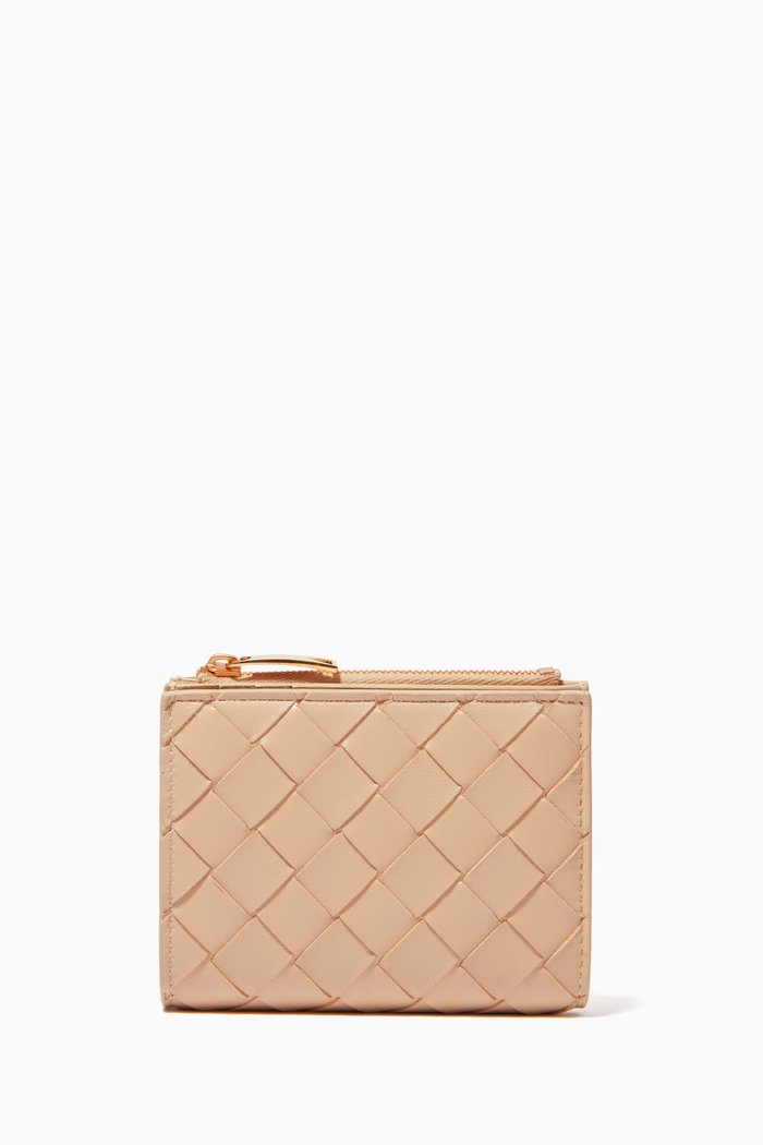 

Bi-fold Zipper Wallet in Intrecciato Leather, Neutral