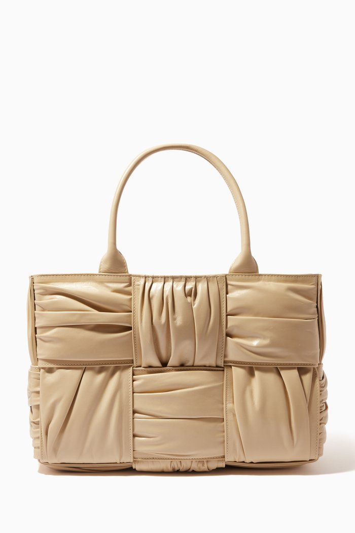 Small Arco Tote Bag in Intrecciato Plissé Leather, Neutral
