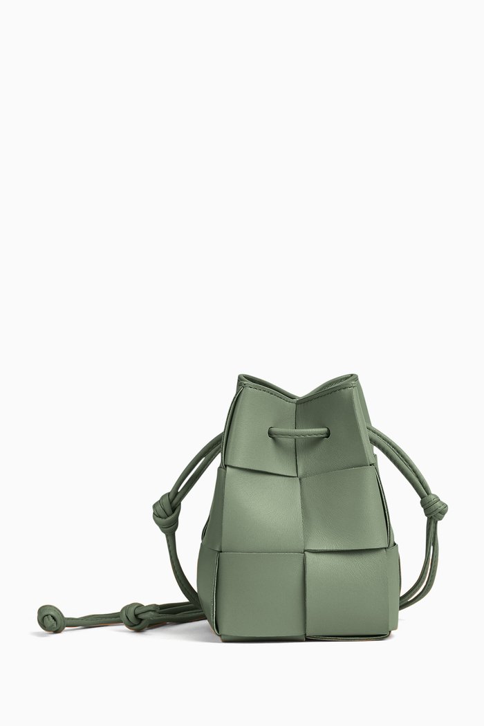 

Mini Cassette Bucket Bag in Intrecciato Leather, Green