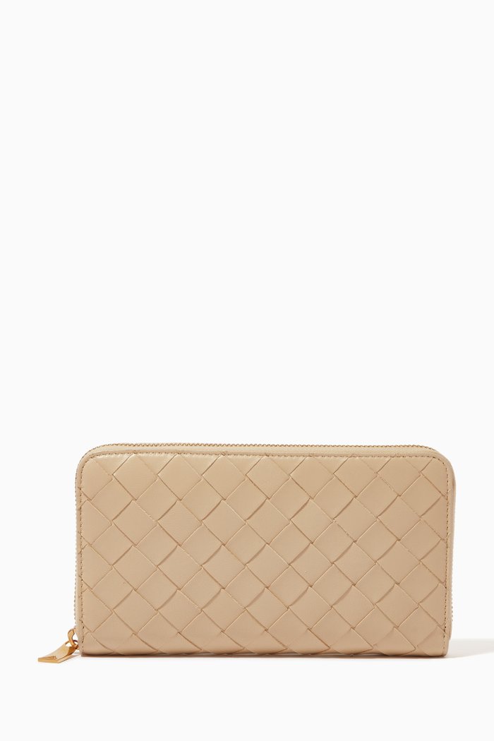 

Zip Around Wallet in Intrecciato Leather, Neutral