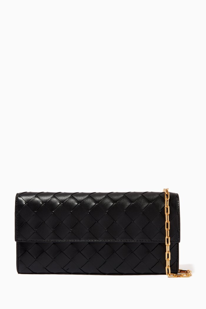 

Wallet on Chain in Intreccio Leather, Black