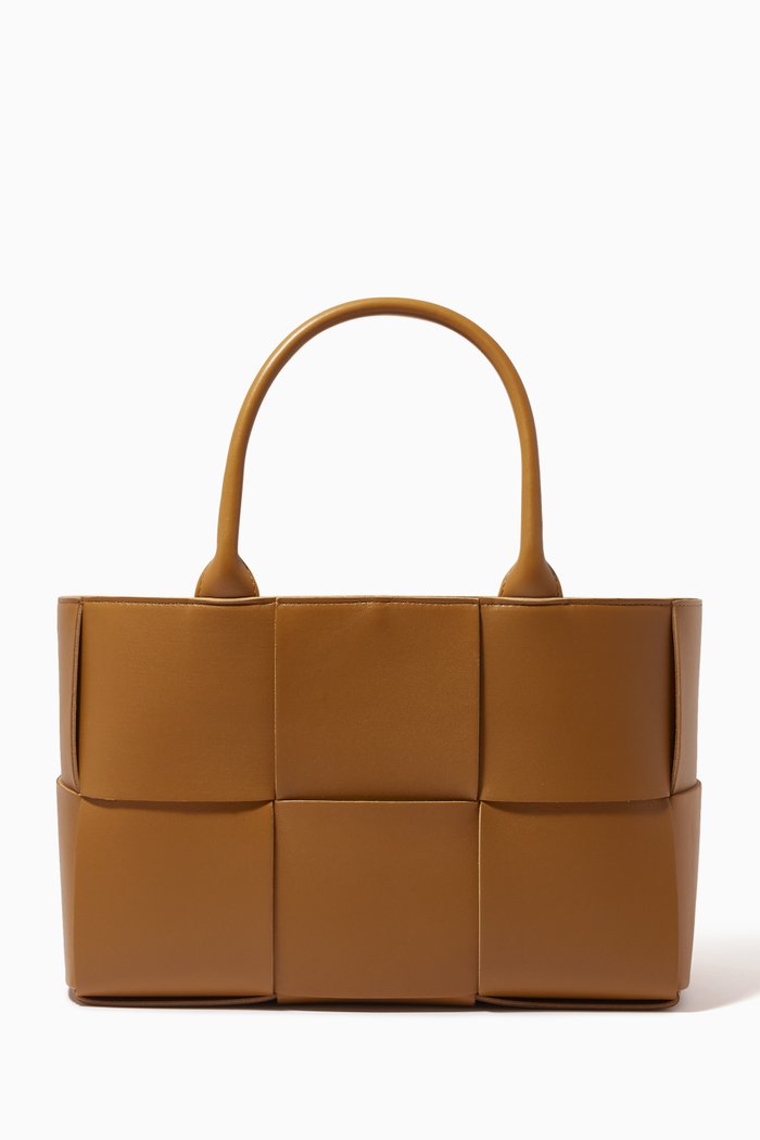 Small Arco Tote Bag in Intrecciato Leather, Brown