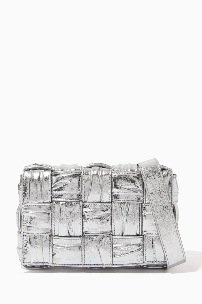 

Small Cassette Crossbody Bag in Intrecciato Laminated Leather, Silver