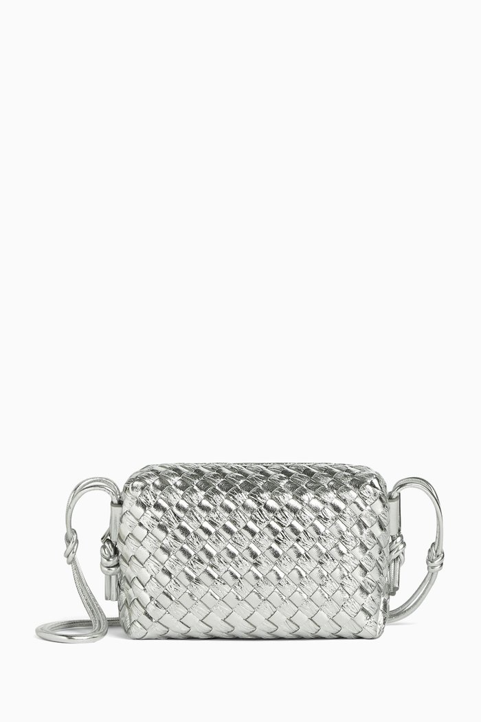 

Mini Loop Camera Crossbody Bag in Intrecciato Laminated Leather, Silver