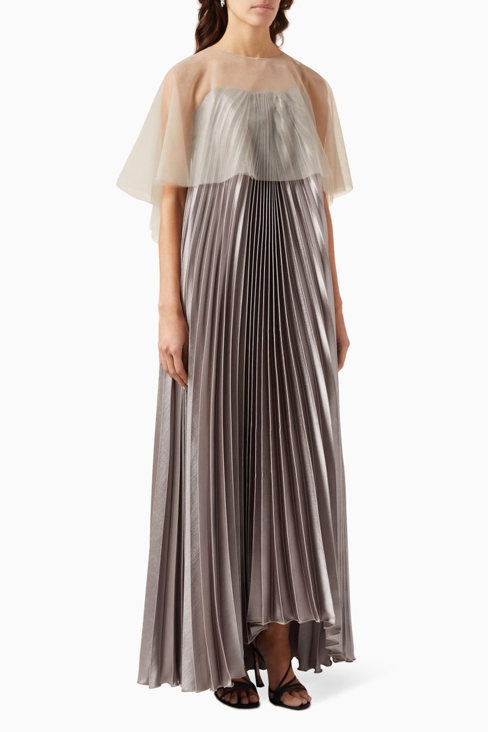 

Cape & Pleated Maxi Dress Set, Brown