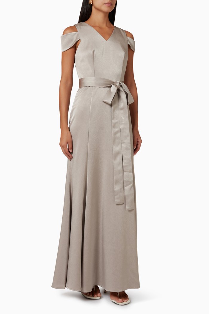 

Belted Maxi Dress in Satin, Neutral