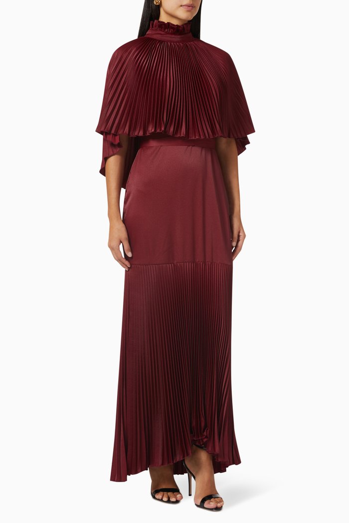 Pleated Cape Maxi Dress, Red
