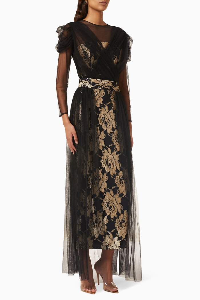 

Belted Maxi Dress in Lace, Black