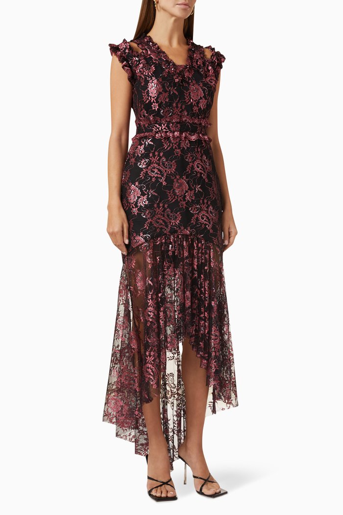 

Asymmetric Midi Dress in Lace, Red