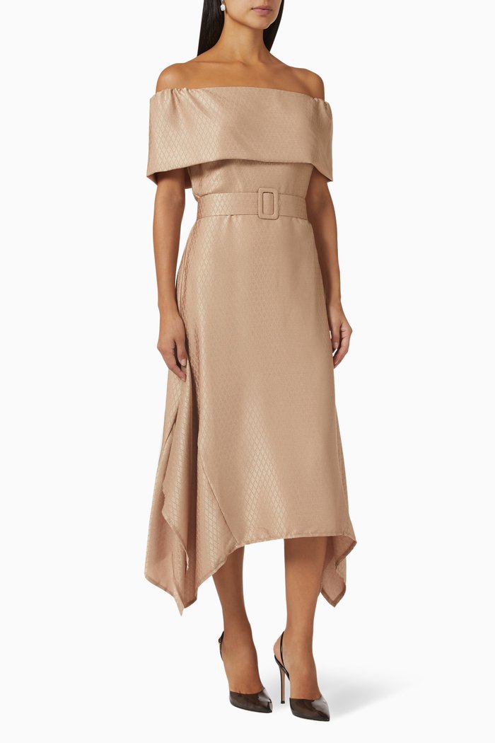 Off-shoulder Belted Midi Dress, Neutral