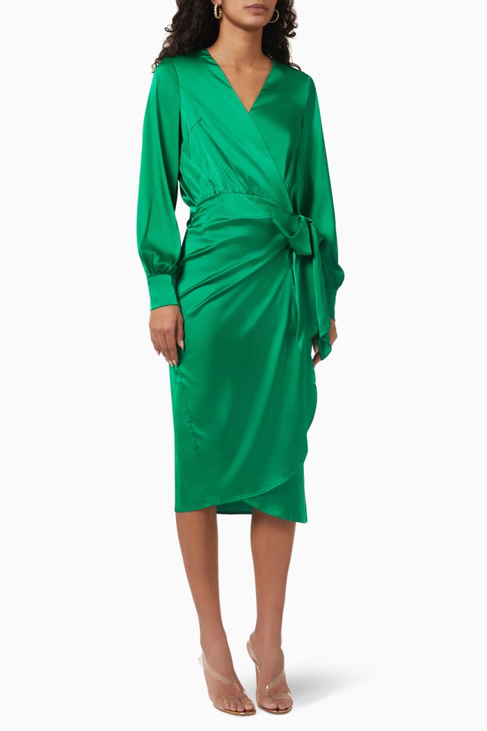 

Vienna Wrap Midi Dress in Satin, Green