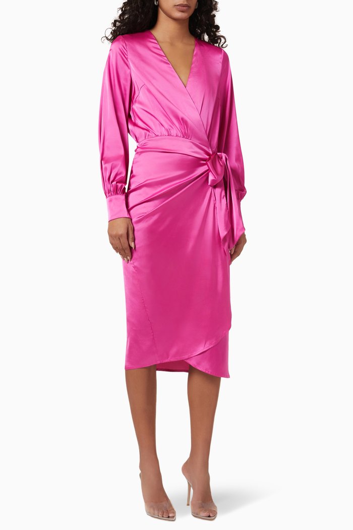 

Vienna Wrap Midi Dress in Satin, Pink
