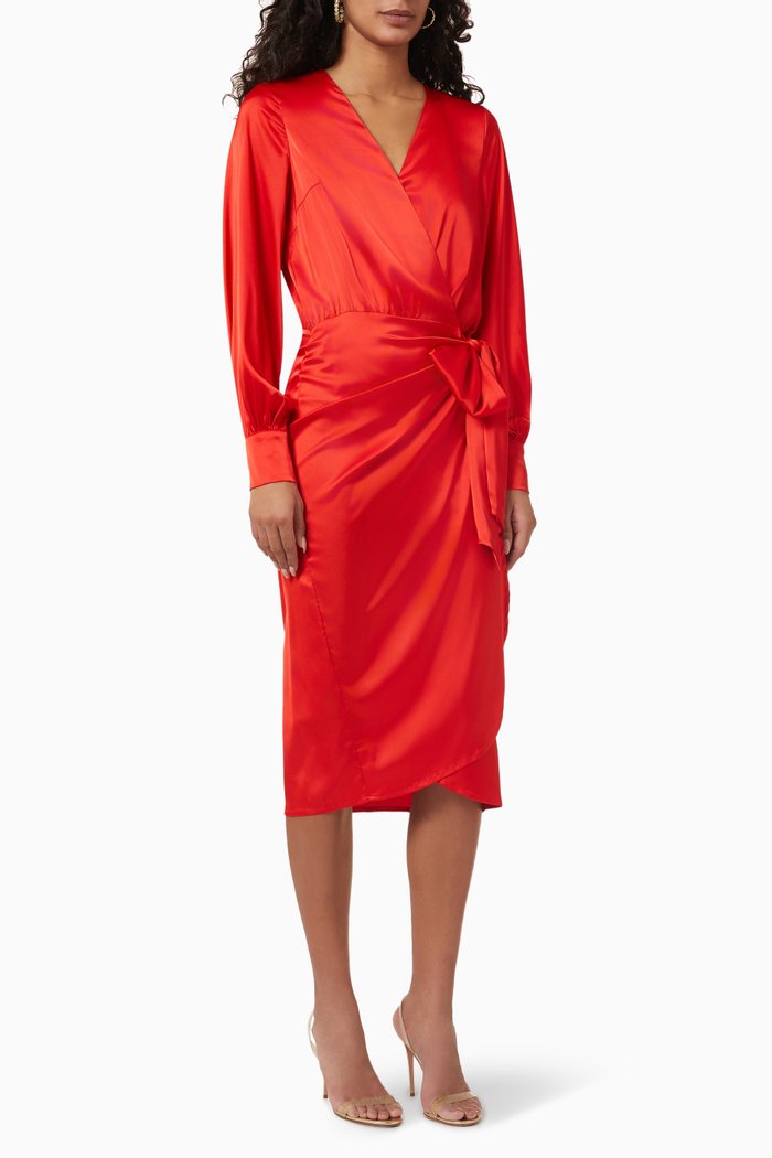 

Vienna Wrap Midi Dress in Satin, Red
