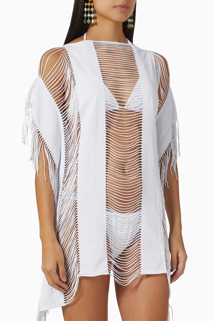 

Monique Cover-up Dress in Sheer Fringes, White
