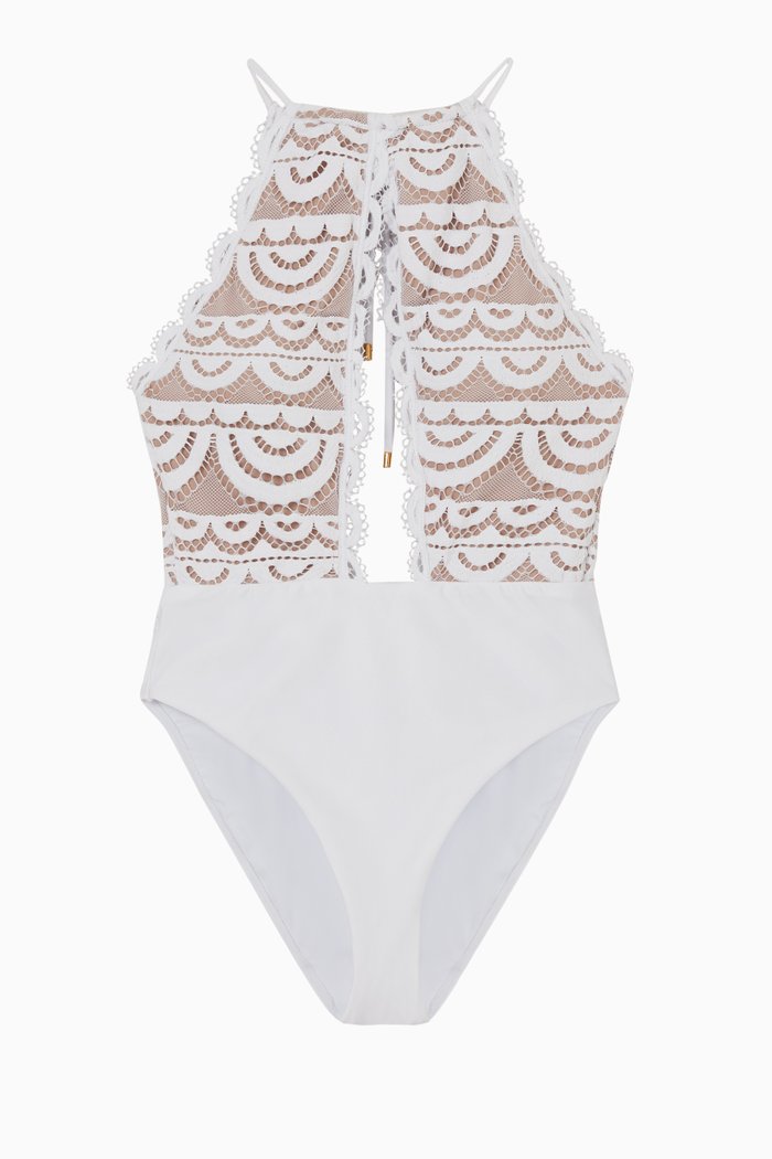 

Keyhole One-piece Swimsuit in Lace & Nylon, White