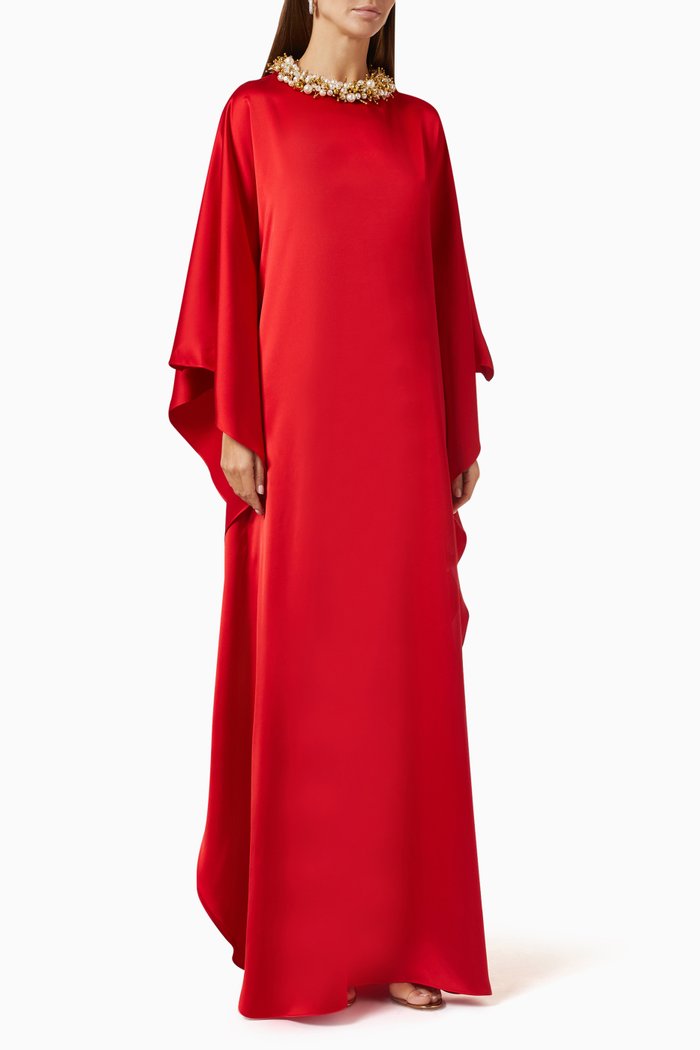 

Bead-embellished Maxi Dress in Satin, Red