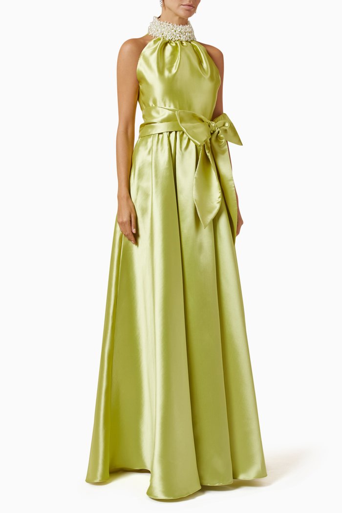 

Bead-embellished Maxi Dress in Satin, Green
