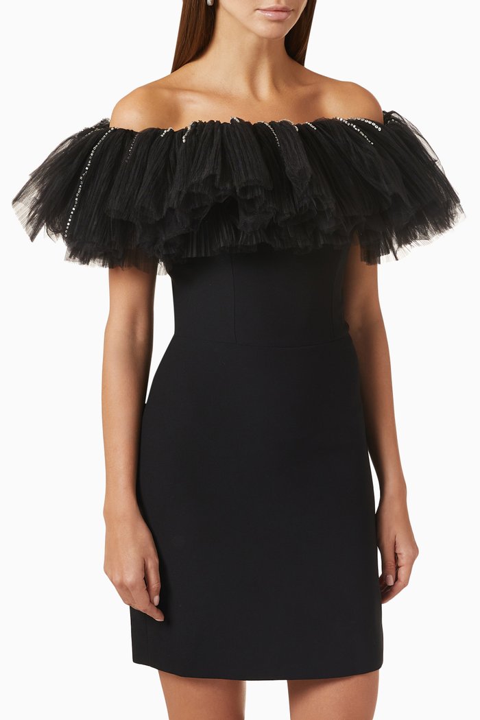 

Crystal-embellished Frill Tulle Mini Dress, Black