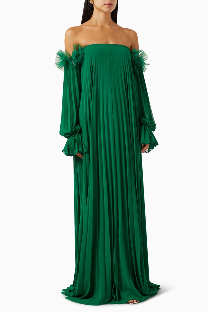 Grazia Off Shoulder Dress in Chiffon, Green