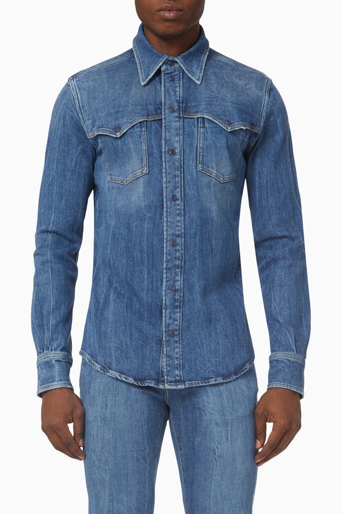 

Logo Plaque Shirt in Stretch Denim, Blue