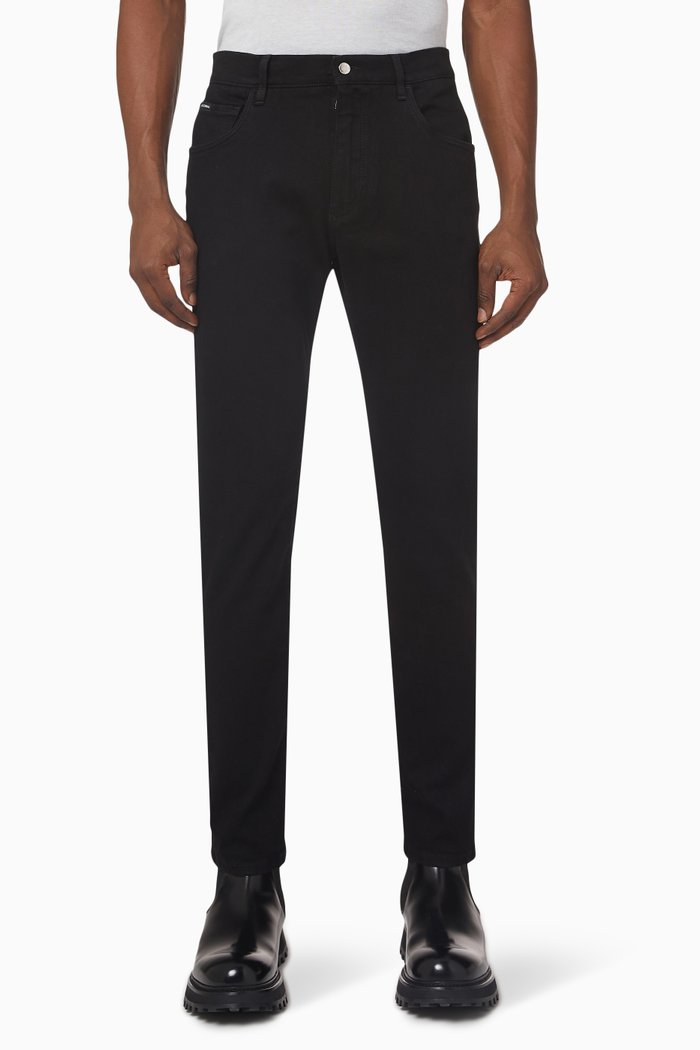 

Washed Logo Plaque Slim-fit Jeans in Stretch Denim, Black
