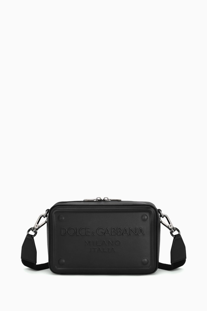 

Raised Logo Crossbody Bag in Leather, Black