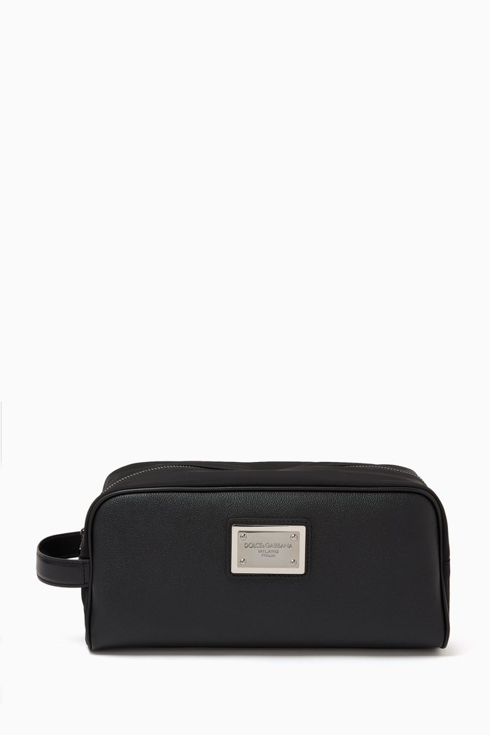 

Logo Plaque Washbag in Nylon and Leather, Black