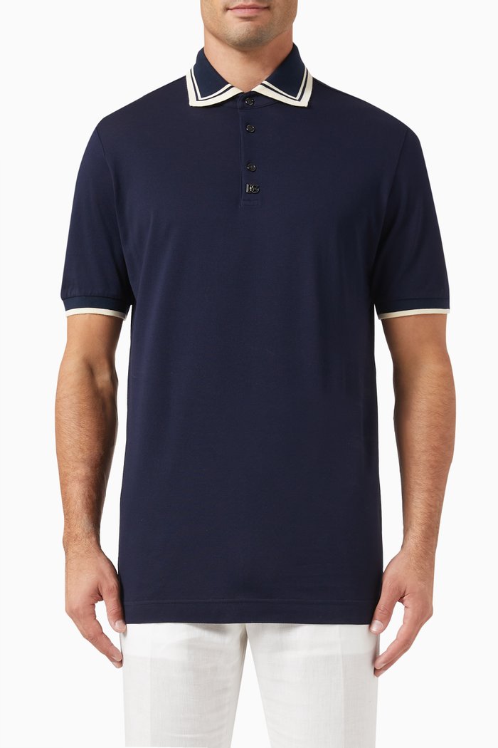 

Contrast-trims Polo Shirt in Cotton Piqué, Blue