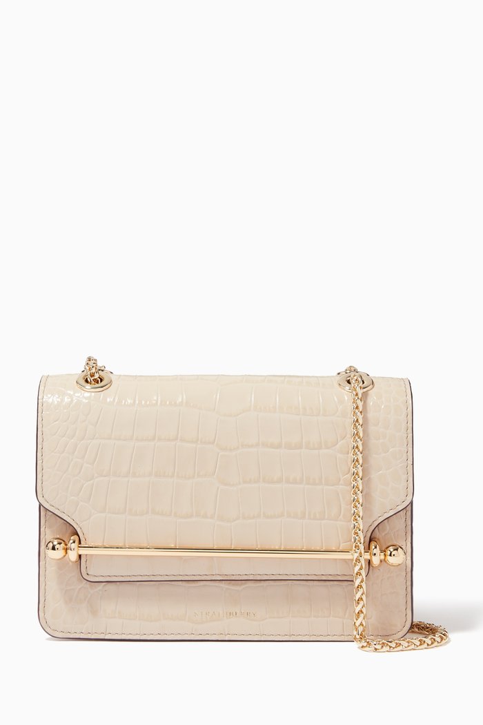 

East West Mini Shoulder Bag in Croc Embossed Leather, Neutral