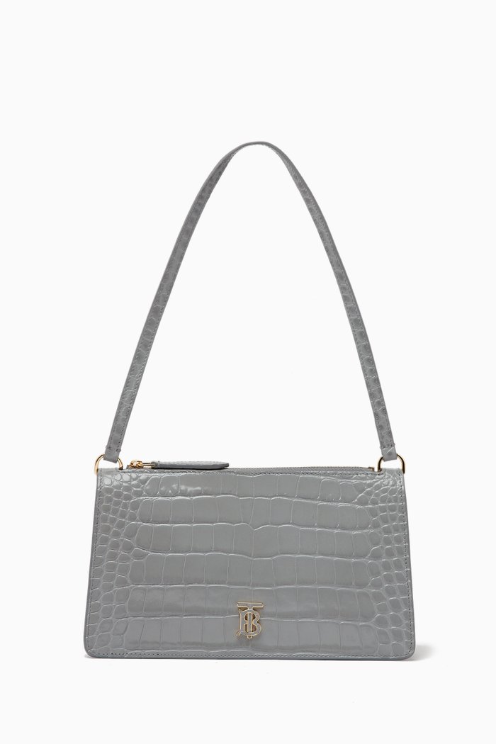 TB Shoulder Bag in Croc-embossed Leather, Grey
